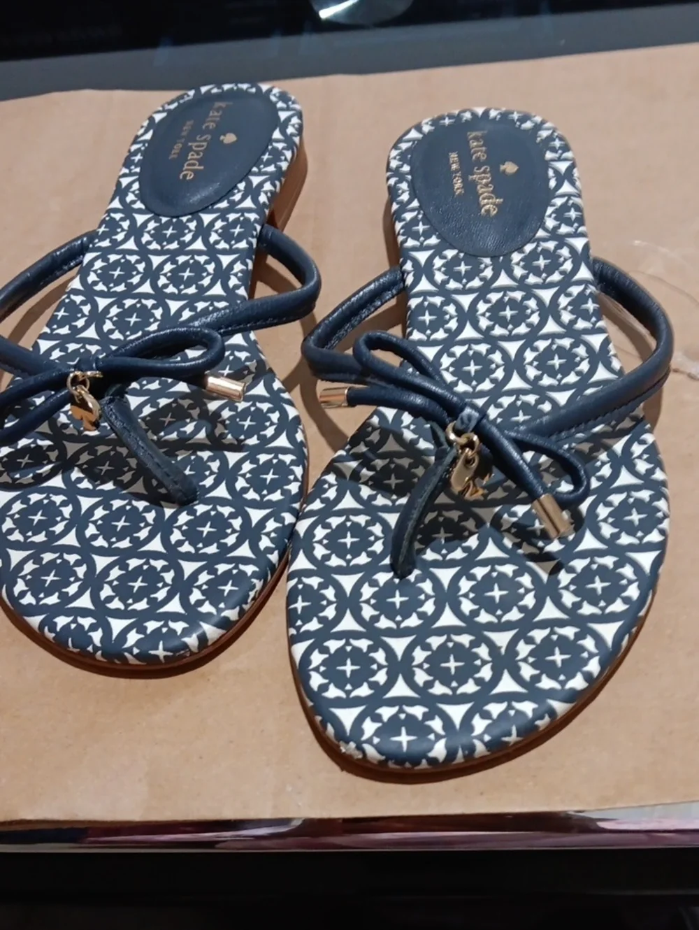 kate spade Navy & White Patterned Bow-Trim Slide Sandals